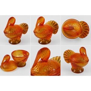 Vintage L.E. Smith Amber Glass Turkey Covered Dish 207 Glossy Orange Decor